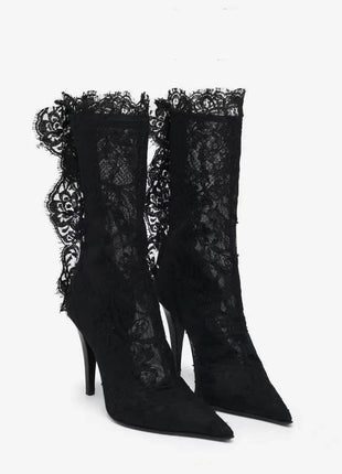 Eyelash Lace Pointed Toe Mid-Calf Stiletto Heel Boots