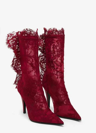 Eyelash Lace Pointed Toe Mid-Calf Stiletto Heel Boots