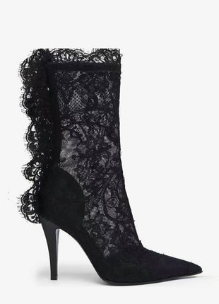 Eyelash Lace Pointed Toe Mid-Calf Stiletto Heel Boots