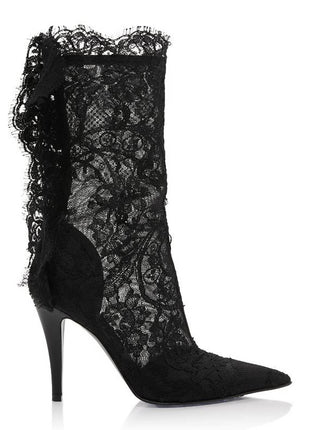Eyelash Lace Pointed Toe Mid-Calf Stiletto Heel Boots