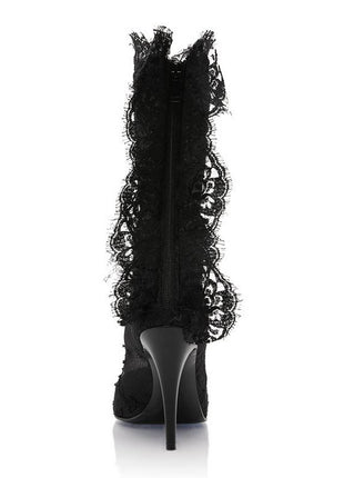 Eyelash Lace Pointed Toe Mid-Calf Stiletto Heel Boots