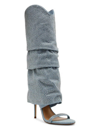 Denim Rhinestone Cuffed Stiletto Knee High Open Toe Dress Sandals