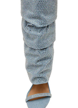 Denim Rhinestone Cuffed Stiletto Knee High Open Toe Dress Sandals