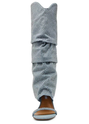 Denim Rhinestone Cuffed Stiletto Knee High Open Toe Dress Sandals