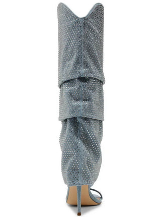 Denim Rhinestone Cuffed Stiletto Knee High Open Toe Dress Sandals