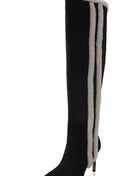 Suede Pointed Toe Knee-High Stiletto Boots With Stripe Trim