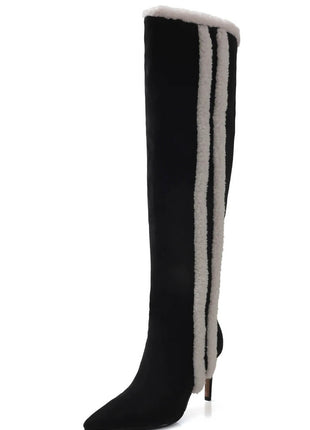 Suede Pointed Toe Knee-High Stiletto Boots With Stripe Trim