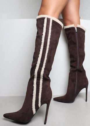 Suede Pointed Toe Knee-High Stiletto Boots With Stripe Trim