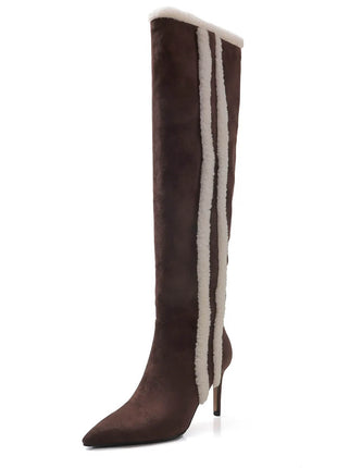 Suede Pointed Toe Knee-High Stiletto Boots With Stripe Trim