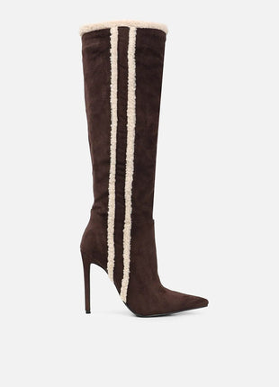 Suede Pointed Toe Knee-High Stiletto Boots With Stripe Trim
