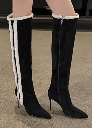 Suede Pointed Toe Knee-High Stiletto Boots With Stripe Trim