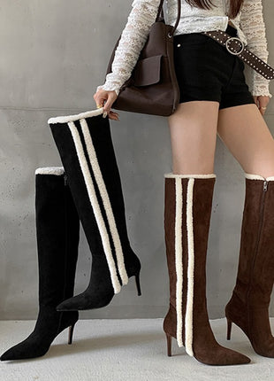 Suede Pointed Toe Knee-High Stiletto Boots With Stripe Trim