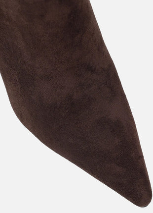 Suede Pointed Toe Knee-High Stiletto Boots With Stripe Trim