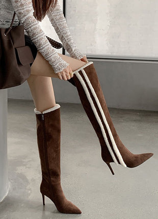 Suede Pointed Toe Knee-High Stiletto Boots With Stripe Trim