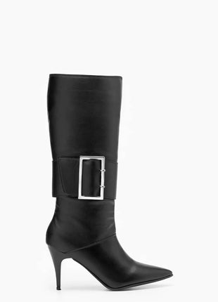 Faux Leather Pointed Toe Knee-High Stiletto Boots With Buckle Detail - Black