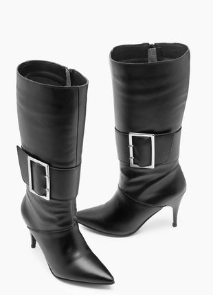Faux Leather Pointed Toe Knee-High Stiletto Boots With Buckle Detail - Black