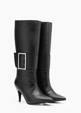 Faux Leather Pointed Toe Knee-High Stiletto Boots With Buckle Detail - Black
