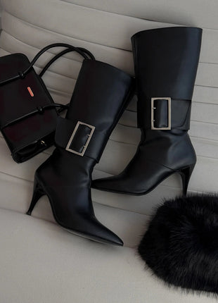 Faux Leather Pointed Toe Knee-High Stiletto Boots With Buckle Detail - Black