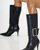 Faux Leather Pointed Toe Knee-High Stiletto Boots With Buckle Detail - Black