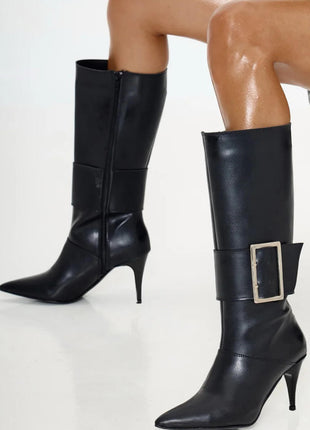 Faux Leather Pointed Toe Knee-High Stiletto Boots With Buckle Detail - Black