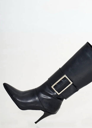 Faux Leather Pointed Toe Knee-High Stiletto Boots With Buckle Detail - Black