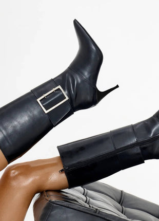 Faux Leather Pointed Toe Knee-High Stiletto Boots With Buckle Detail - Black