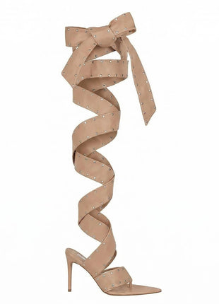 Studded Wraparound Strapped Thigh-High Pointed Toe Stiletto Thong Sandals