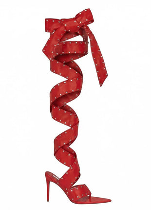 Studded Wraparound Strapped Thigh-High Pointed Toe Stiletto Thong Sandals