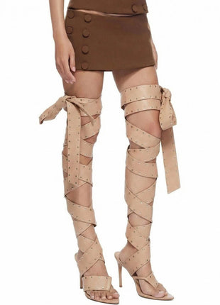 Studded Wraparound Strapped Thigh-High Pointed Toe Stiletto Thong Sandals
