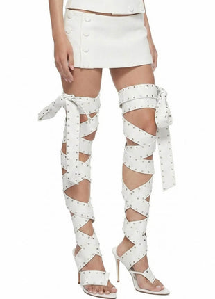 Studded Wraparound Strapped Thigh-High Pointed Toe Stiletto Thong Sandals