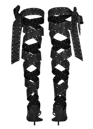 Studded Wraparound Strapped Thigh-High Pointed Toe Stiletto Thong Sandals