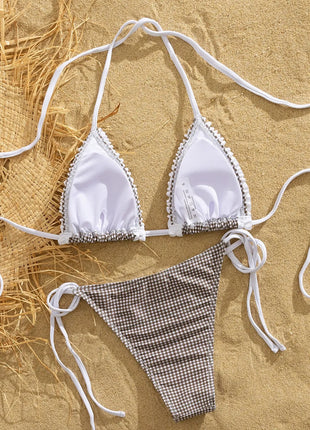 Gingham Print Ruffle Trim Halterneck Triangle Tie Side Brazilian Bikini Set