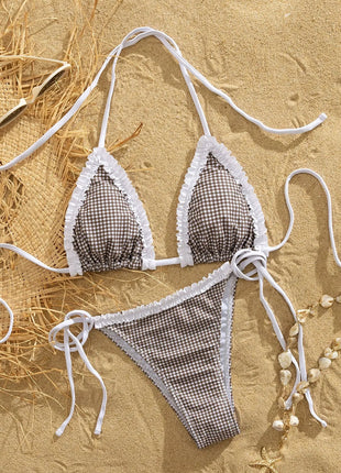 Gingham Print Ruffle Trim Halterneck Triangle Tie Side Brazilian Bikini Set