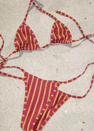 Striped Print Halterneck Triangle Tie Side Brazilian Bikini Set