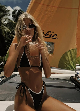 Contrast Crochet Halterneck Triangle Tie Side Brazilian Bikini Set