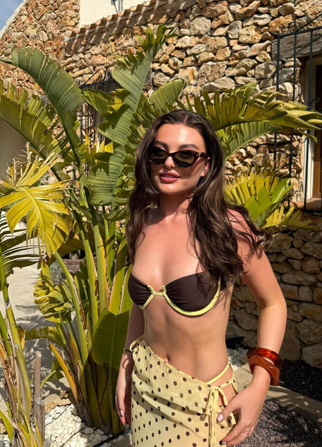 Contrast Underwire Balconette Bikini Set With Maxi Skirt In Lemon Polka Dot