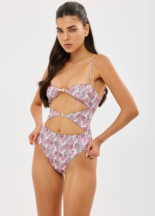 Paisley Print Cut Out One Piece Swimsuit With Gemstone Accents Details