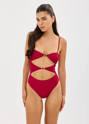 Red Cut Out One Piece Swimsuit With Gemstone Accents Details