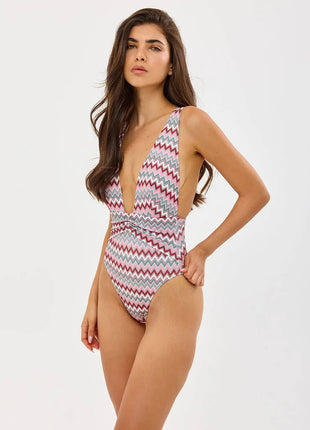 Zigzag Print Deep Plunge High-Cut One Piece Swimsuit
