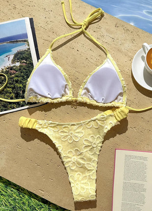 Floral Textured Triangle Halter Bikini Set With Ruching Details