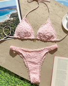 Floral Textured Triangle Halter Bikini Set With Ruching Details