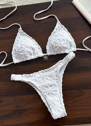 Floral Textured Triangle Halter Bikini Set With Ruching Details