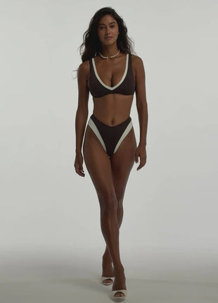 Contrast-Trim Deep V Bralette High Cut Bikini Set