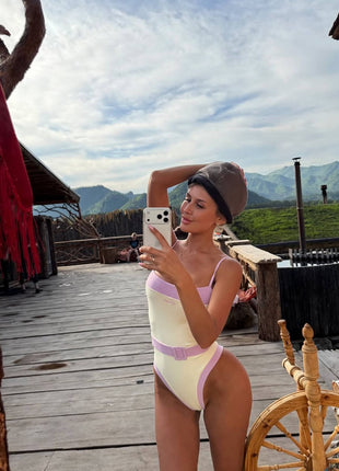 Color Block High Rise One Piece Swimsuit With Belt