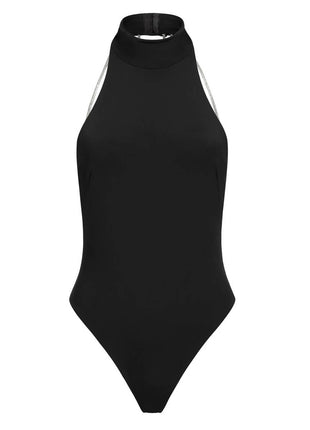 Black High Neck Open Back High-Cut Brazilian One Piece Swimsuit With Sparkling Rhinestone Laces Details