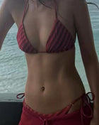 Red Striped Print Halterneck Triangle Tie Side Brazilian Bikini Set