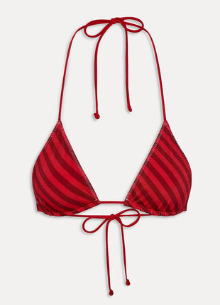 Red Striped Print Halterneck Triangle Tie Side Brazilian Bikini Set