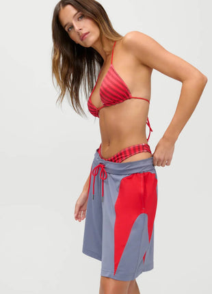 Red Striped Print Halterneck Triangle Tie Side Brazilian Bikini Set