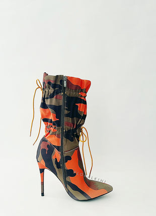 Camouflage Toggle Pointed Stiletto Heeled Boots