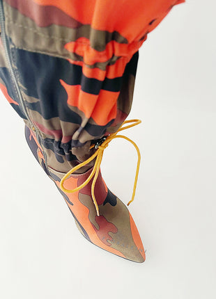 Camouflage Toggle Pointed Stiletto Heeled Boots